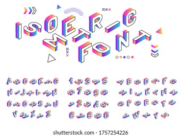 Isometric font. Creative colored geometric alphabet. 3d gradient letters numbers sign vector set