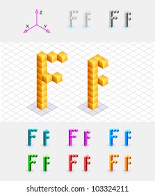 Isometric font from the cubes.Letter F. Vector