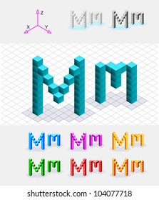 Isometric font from the cubes.Letter M. Vector