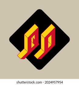 Isometric font for design. QO - 2-letter code. Q and O - Monogram or logotype. Three-dimension letter Q and number 0 on a diamond-shaped substrate.