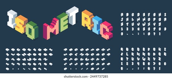 Isometric font. Futuristic 3D alphabet with colorful geometric shapes, modern cubical letters for alphabet poster design. Vector colorful typeface set. Modern latin abs and punctuation marks