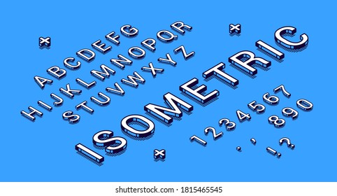 Isometric font, geometric 3d type. Vector creative typeface with black and white letters, numbers and punctuation with shadows on blue background. Trendy decorative alphabet