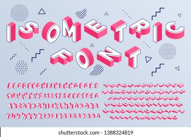 Isometric font. Geometric alphabet 3d letters cubic blocks and perspective numbers sign vector set