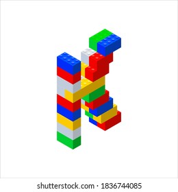 Isometric font made from color plastic blocks. The children's designer. Letter K. Vector illustration