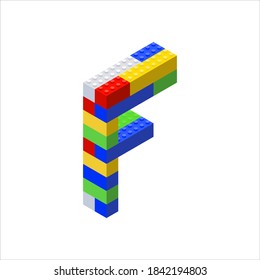 Isometric font made from color plastic blocks. The children's designer. Letter F. Vector illustration