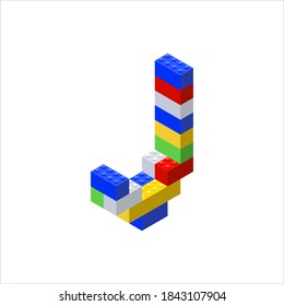 Isometric font made from color plastic blocks. The children's designer. Letter J. Vector illustration