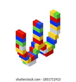 Isometric font made from color plastic blocks. The children's designer. Letter W. Vector illustration