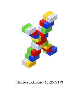 Isometric font made from color plastic blocks. The children's designer. Letter X. Vector illustration