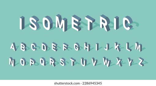 Isometric font set. Collection of white letters with shadow. Calligraphy and typography. Alphabet with perspective. Template and mock up. Cartoon vector illustrations isolated on green background