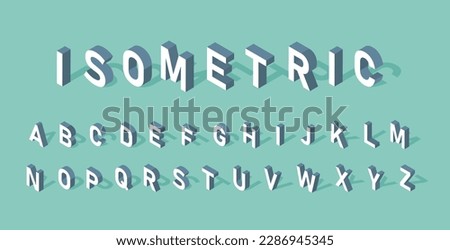 Isometric font set. Collection of white letters with shadow. Calligraphy and typography. Alphabet with perspective. Template and mock up. Cartoon vector illustrations isolated on green background