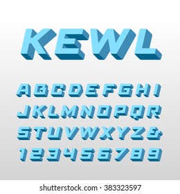 Isometric font. Vector alphabet with 3d effect letters and numbers.