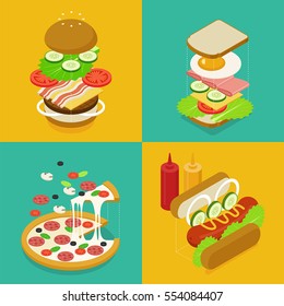 isometric food buger sandwich pizza hotdog vector illustration flat design