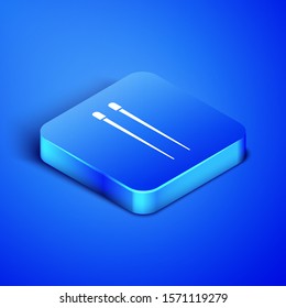 Isometric Food chopsticks icon isolated on blue background. Wooden Chinese sticks for Asian dishes. Oriental utensils. Blue square button. Vector Illustration