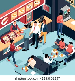 Isometric food court area interior with people walking with tray eating burgers making orders vector illustration