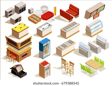 Isometric food court interior elements set with furniture kitchen equipment dishes refrigerated counters seats and tables vector illustration
