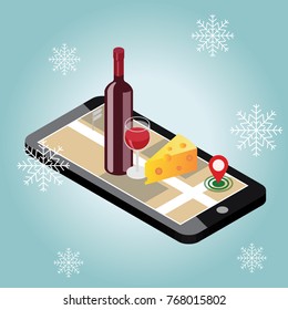 Isometric food delivering. Looking for bar or dinner in winter. Mobile searching. Bar or wine shop. Geo tracking. Map