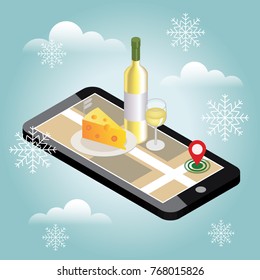 Isometric food delivering. Looking for bar or dinner in winter. Mobile searching. Bar or wine shop. Geo tracking. Map