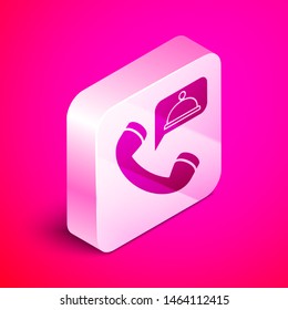 Isometric Food ordering icon isolated on pink background. Order by mobile phone. Restaurant food delivery concept. Silver square button. Vector Illustration