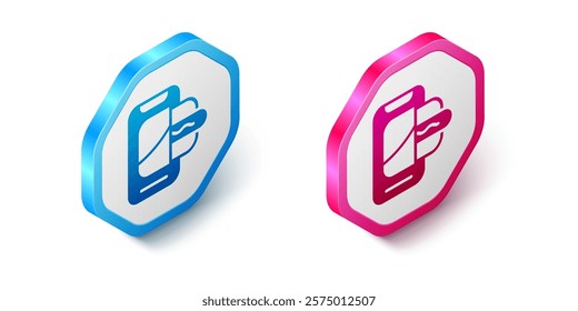 Isometric Food ordering on mobile icon isolated on white background. Order by mobile phone. Restaurant food delivery concept. Hexagon button. Vector