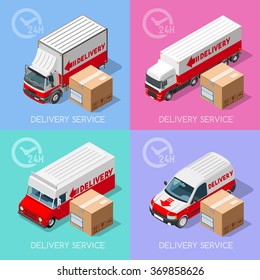 Isometric food Shipment and Delivery Logistic Transport Service Elements Vehicles Collection. 3D Flat Icon Set  Vector Image. Van and Truck worldwide fast and ensured shipping. Express home delivery