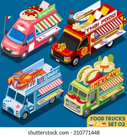 Isometric Food Truck icon set Collection. Food Delivery Master isometric Mexican dish. Chinese food menu cuisine Chef Flat 3d Vector icon Van Truck Set Street Delivery isolated truck icon Illustration