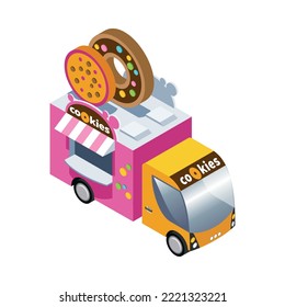 Isometric food truck vending cookies on white background 3d vector illustration