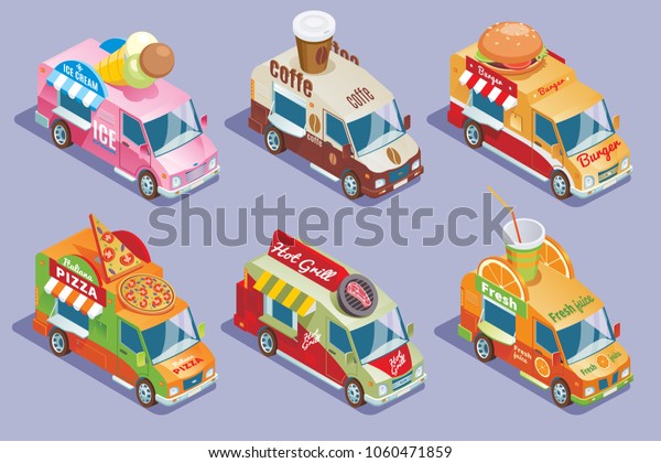 Isometric food trucks collection for sale\
and delivery of ice cream coffee burgers pizza grill juices\
isolated vector\
illustration