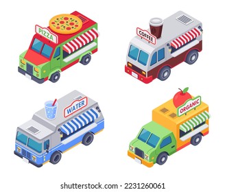 Isometric food trucks selling pizza, hot coffee, water and organic vegetables and fruit. Snacks and drinks retail sale outdoor. Takeaway refreshments in car vehicles, street food isolated vector set