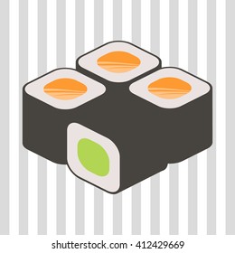Isometric food vector. Sushi set, rolls with salmon and cucumber. Modern 3d flat design concept