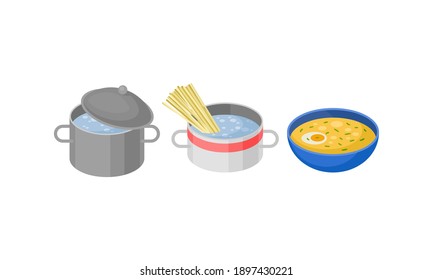 Isometric Foodstuff with Boiling Water in Saucepan and Soup Bowl Vector Set