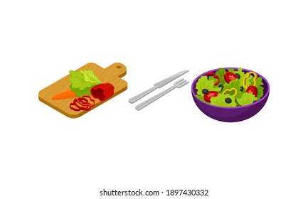 Isometric Foodstuff with Salad Bowl and Cutting Board with Vegetables Vector Set