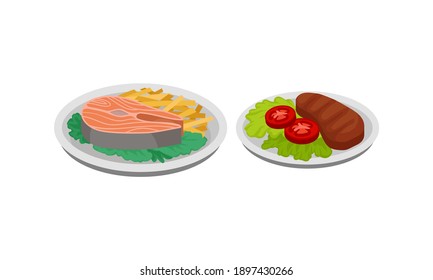 Isometric Foodstuff with Salmon Steak and Roasted Meat Slab on Plate Vector Set