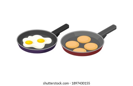 Isometric Foodstuff with Scrambled Eggs and Rissole in Frying Pan Vector Set