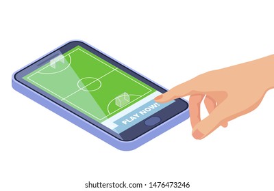 Isometric football field on smartphone - sport games mobile app vector concept. Sport game on smartphone, app football isometric illustration