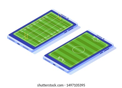 Isometric football field on smartphone. Vector Illustration.