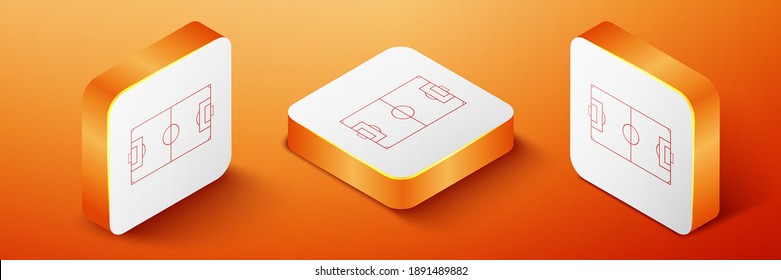 Isometric Football field or soccer field icon isolated on orange background. Orange square button. Vector.