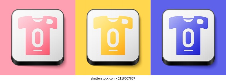 Isometric Football jersey and t-shirt icon isolated on pink, yellow and blue background. Square button. Vector