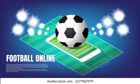 Isometric football online application on smartphone display virtual concept,  vector illustration.