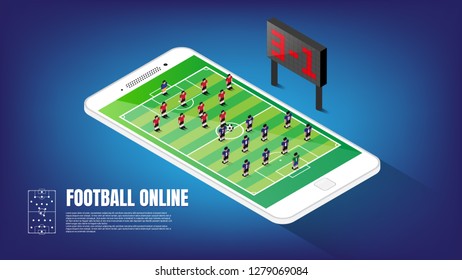 isometric football online application on smartphone display, vector illustration