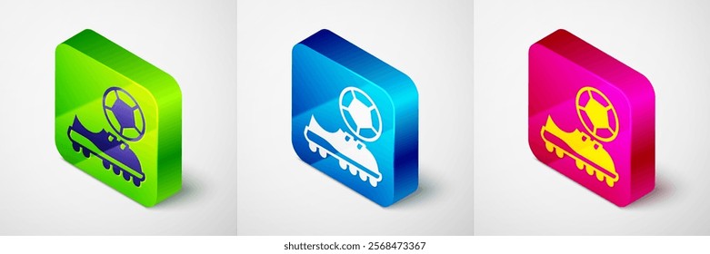 Isometric Football shoes icon isolated on grey background. Soccer boots. Sport football foot protection. Square button. Vector