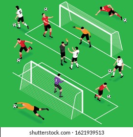 Isometric football soccer sport set with isolated human characters of footballers balls and gates with playground vector illustration