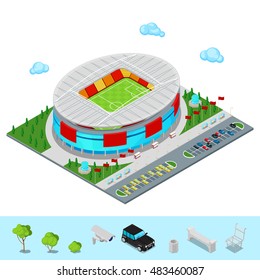 Isometric Football Soccer Stadium Building with Park and Parking Area for Cars. Flat 3d Vector illustration