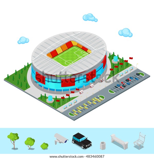 Isometric Football\
Soccer Stadium Building with Park and Parking Area for Cars. Flat\
3d Vector\
illustration