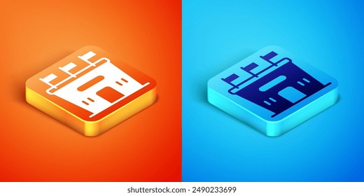 Isometric Football stadium icon isolated on orange and blue background. Football arena.  Vector