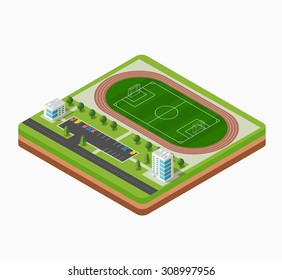 Isometric football stadium lawn, trees and buildings