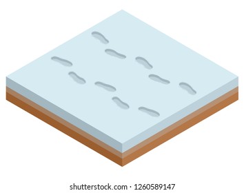 Isometric footprints on white winter snow of a pair of boots. Fresh snowy shoeprints vector illustration background.