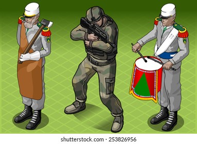 Isometric Foreign Legion Military People War Games Characters 3D Infographic Elements Vector Illustration.