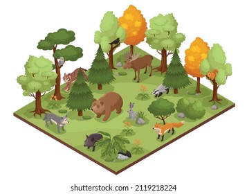 Isometric forest animal composition with range of various trees and animals standing on rectangular platform terrain vector illustration - Shutterstock ID 2119218224