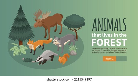 Isometric Forest Animal Horizontal Banner With Animals And Plants On Round Platform Editable Text And Button Vector Illustration