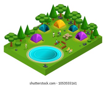Isometric forest glade for camping, young people on vacation, bbq, shish kebab, fire, lake, Scandinavian walk, fishing. Summer holidays in the forest.
